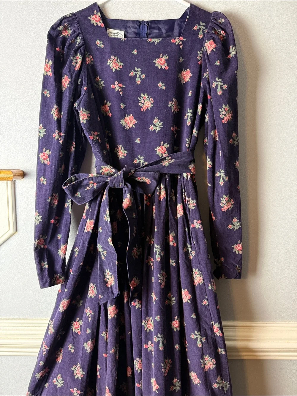 Vintage 80s Laura Ashley Navy Long-Sleeve Floral Maxi Dress with Pink Rose Print - Picture 2 of 8